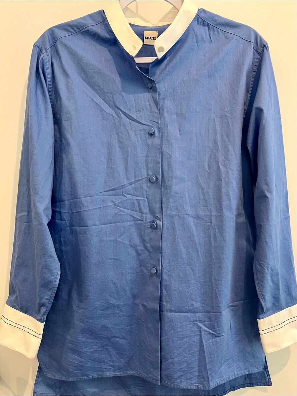 KHAITE Blue Button Up Shirt w/ White Contrast Collar & Cuffs measures size Med